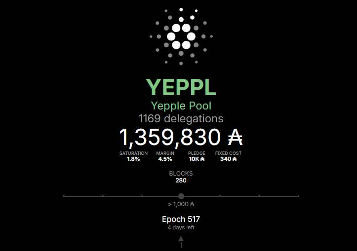 A big shoutout to all Delegators! 👏

Backing our staking pool, YEPPL, is a win-win for Us ,You and the Cardano ecosystem.

If you haven't staked yet, what are you waiting for?