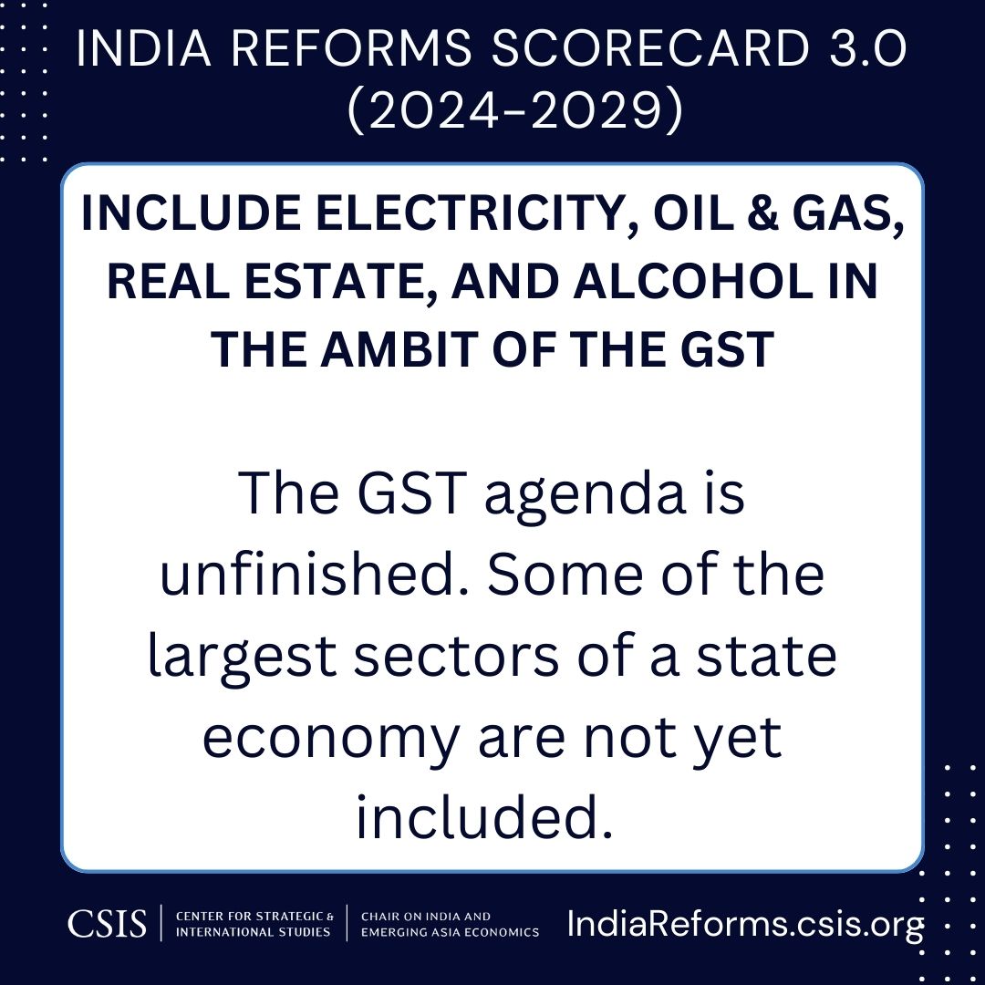 CSISIndiaChair's tweet image. This week, we highlight another reform from our #IndiaReformsScorecard 3.0: the inclusion of electricity ⚡, oil &amp;amp; gas 🛢️, real estate 🏘️, and alcohol 🍷 in the ambit of GST. Access the complete reform list: Indiareforms.csis.org #GST #GovernmentReform
