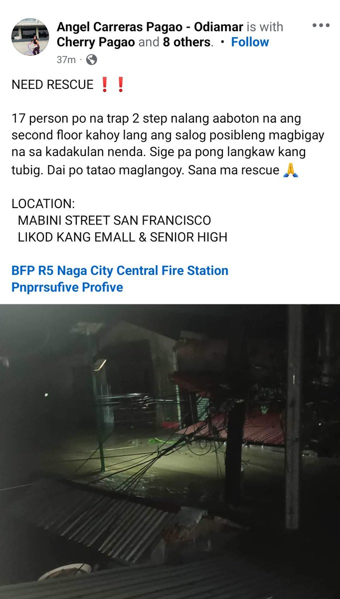mstlyaiah's tweet photo. 17 PEOPLE PO ANG NA-TRAPPED SA SECOND FLOOR. BAKA MAY CONTACT PO KAYO AND KAYA NIYO PONG MATAWAGAN RESCUER SA LUGAR NILA. 🙏🏼

Location: Mabini St. San Francisco (Likod kang emall &amp; Senior High) 

 #RescuePH #KristinePH https://t.co/9ZF6u5Y6JJ