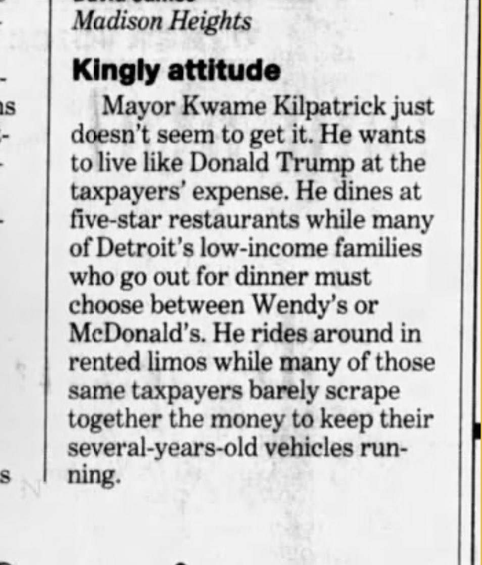 May 5, 2005 <a href="/freep/">Detroit Free Press</a> 
Reader comments about Kwame Kilpatrick’s excess spending using a city-issued credit card