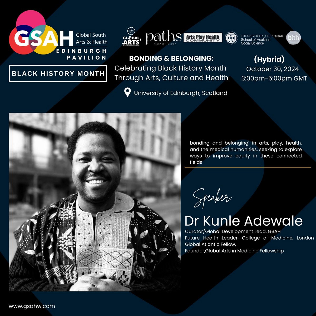 PATHS Research Group (@paths_research) on Twitter photo Interested in discussing #belonging in the context of arts, health & the medical humanities? Join us for a hybrid event (online & Edinburgh) for Black History Month. Partnership <a href="/kunleAdewale505/">kunle adewale</a> <a href="/aryathampuran/">Dr Arya Thampuran</a> @DrKelechiAnucha @ArtHealthWY @OliviaTurnerArt eventbrite.co.uk/e/celebrating-… Interested in discussing #belonging in the context of arts, health & the medical humanities? Join us for a hybrid event (online & Edinburgh) for Black History Month. Partnership <a href="/kunleAdewale505/">kunle adewale</a> <a href="/aryathampuran/">Dr Arya Thampuran</a> @DrKelechiAnucha @ArtHealthWY @OliviaTurnerArt eventbrite.co.uk/e/celebrating-…