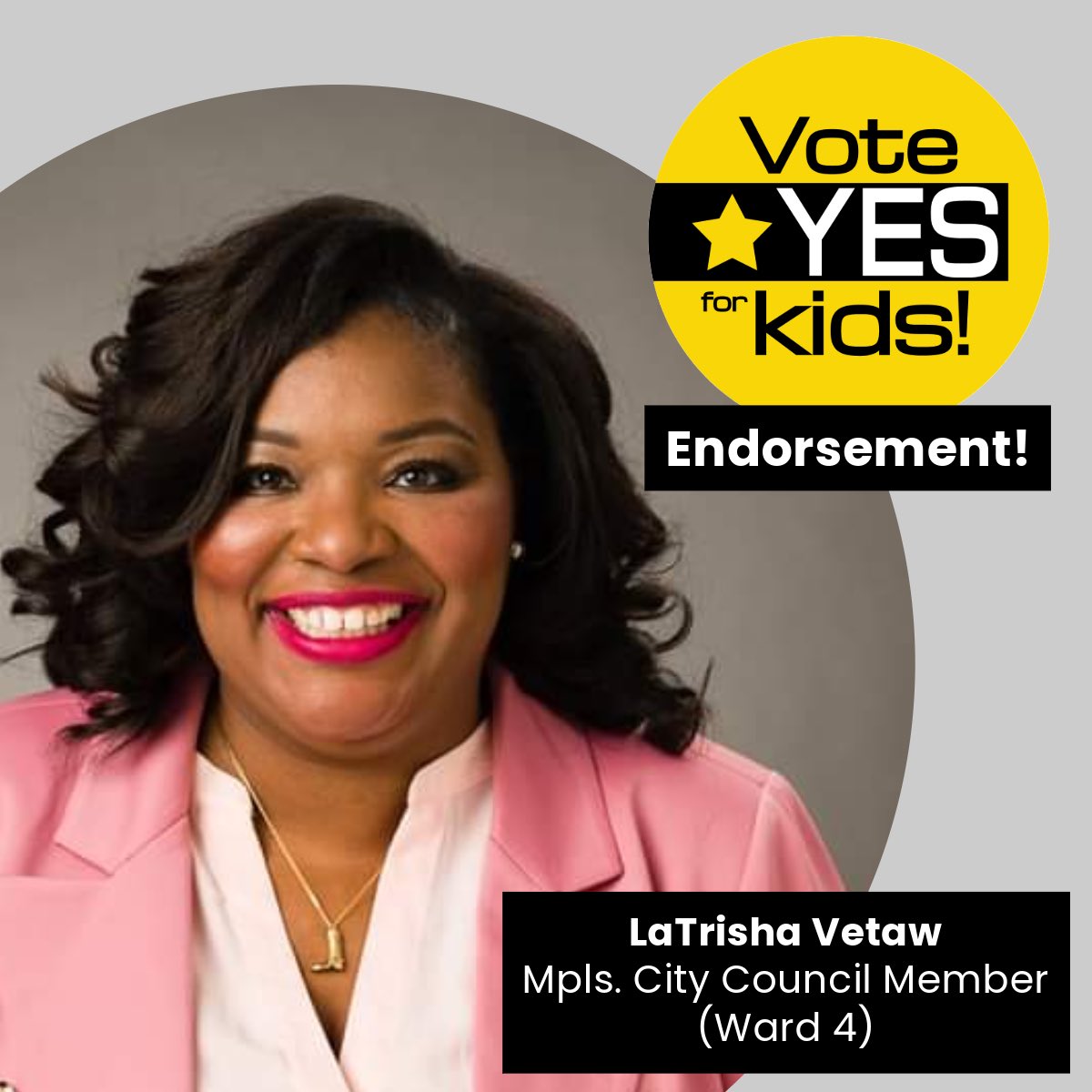 Yes4MPLSKids's tweet image. We’re honored to have the support of Ward 4 Mpls. City Council Member @LaTrishaVetaw!
Vote Yes for Kids is the DFL and Labor endorsed campaign in support of the MPS ballot question this election. Learn more and join us: yesformplskids.org.
