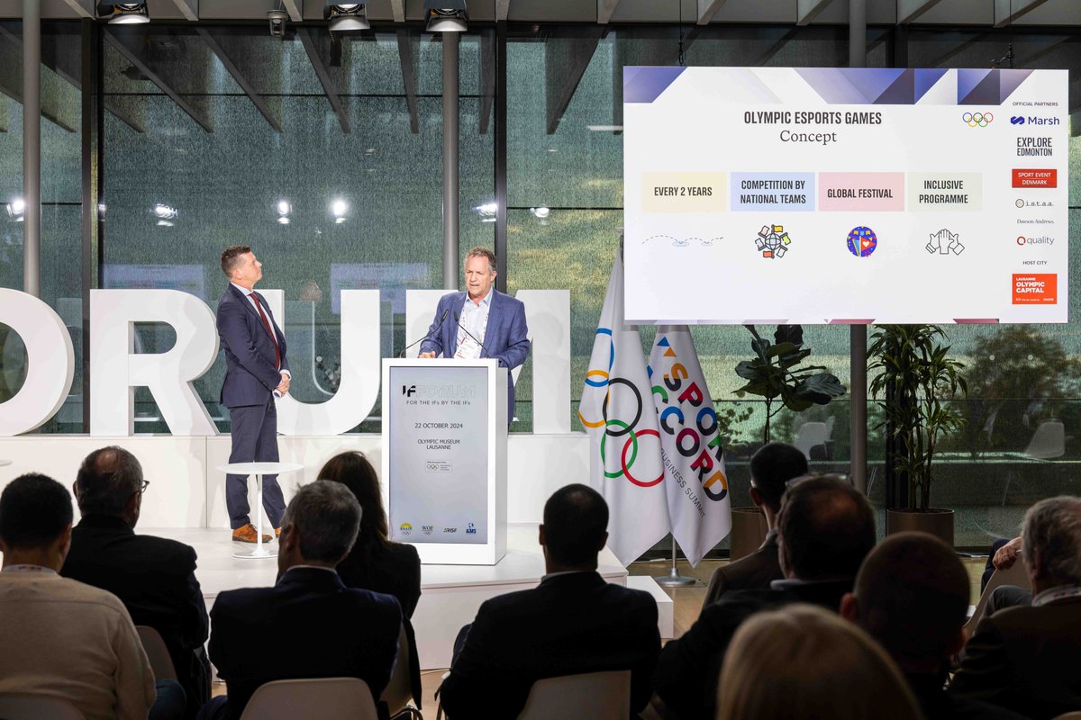sportaccord's tweet photo. 🎮 Day 2 of the #IFForum 2024 concluded with inspirational thoughts on a new era in international sport: the inaugural Olympic #Esports Games! 

 "To engage with these passionate global communities, where they are, but always doing it with a purpose, and that purpose is to engage them with the Olympic Movement” - @kit_mcconnell, IOC Sports Director

#olympics @iocmedia