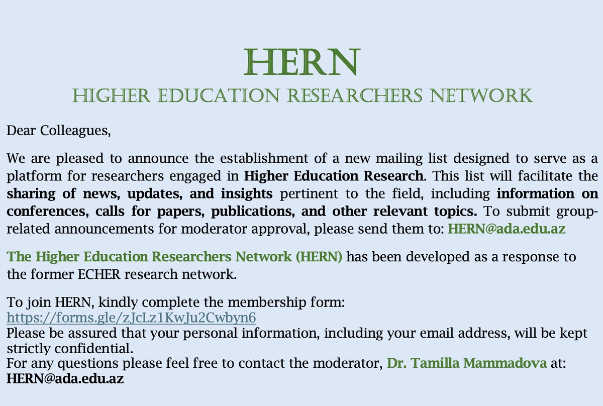 📡📡📡NEW Mailing List: Higher Education Researchers Network - HERN
👩‍💻To become a member, please complete the following form: forms.gle/zJcLz1KwJu2Cwb…

Dear Colleagues, please share with those who work in the field of Higher Education Research! Thank you!
