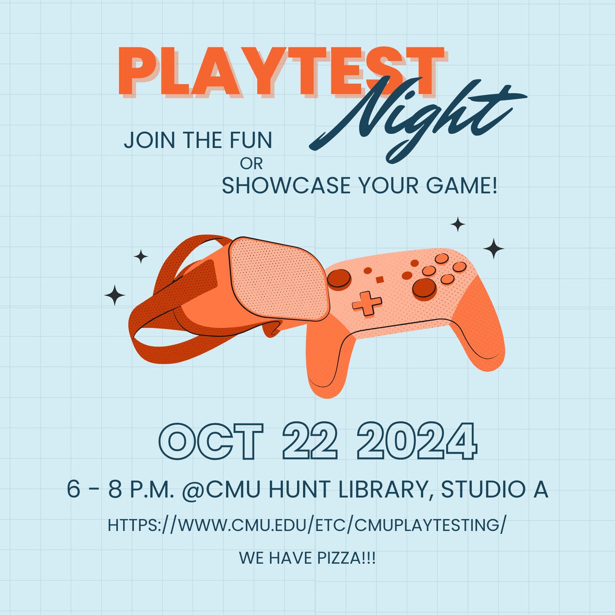 CMUPlaytesting's tweet photo. Heads up everyone! Our next Playtest Night will be held today! October 22nd! The event will take place from 6:00 - 8:00 p.m. at Hunt Library, Studio A. We have pizza 🍕!! If you'd like to play or host a game, please RSVP using the form below:
https://t.co/JWrxE6u2ku https://t.co/l4OCdcVwCP