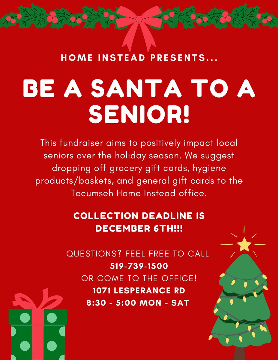 🎃✨Are you ready to trade in the tricks for the treats of holiday cheer! ❄️🎅🏼 

Be A Santa To A Senior starts in 13 days!

On November 4th, come into our office at 1071 Lesperance Rd, Tecumseh, and bring in your donations!