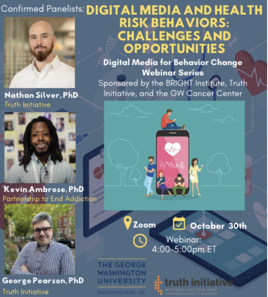 A great chance to listen to the renowned Truth initiative 🚭 
In the discussion around
Digital media &amp; Health Risk Behaviours
Facilitated by GWU
RSVP by Oct.29
gwu.us10.list-manage.com/track/click?u=…
