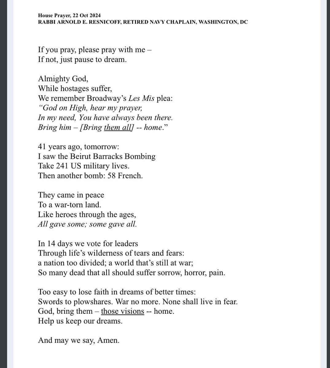 House of Representatives prayer — remembering hostages, war dead, and anniversary of Beirut Barracks bombing. Proud to share. 

youtube.com/watch?v=JkGRQv…