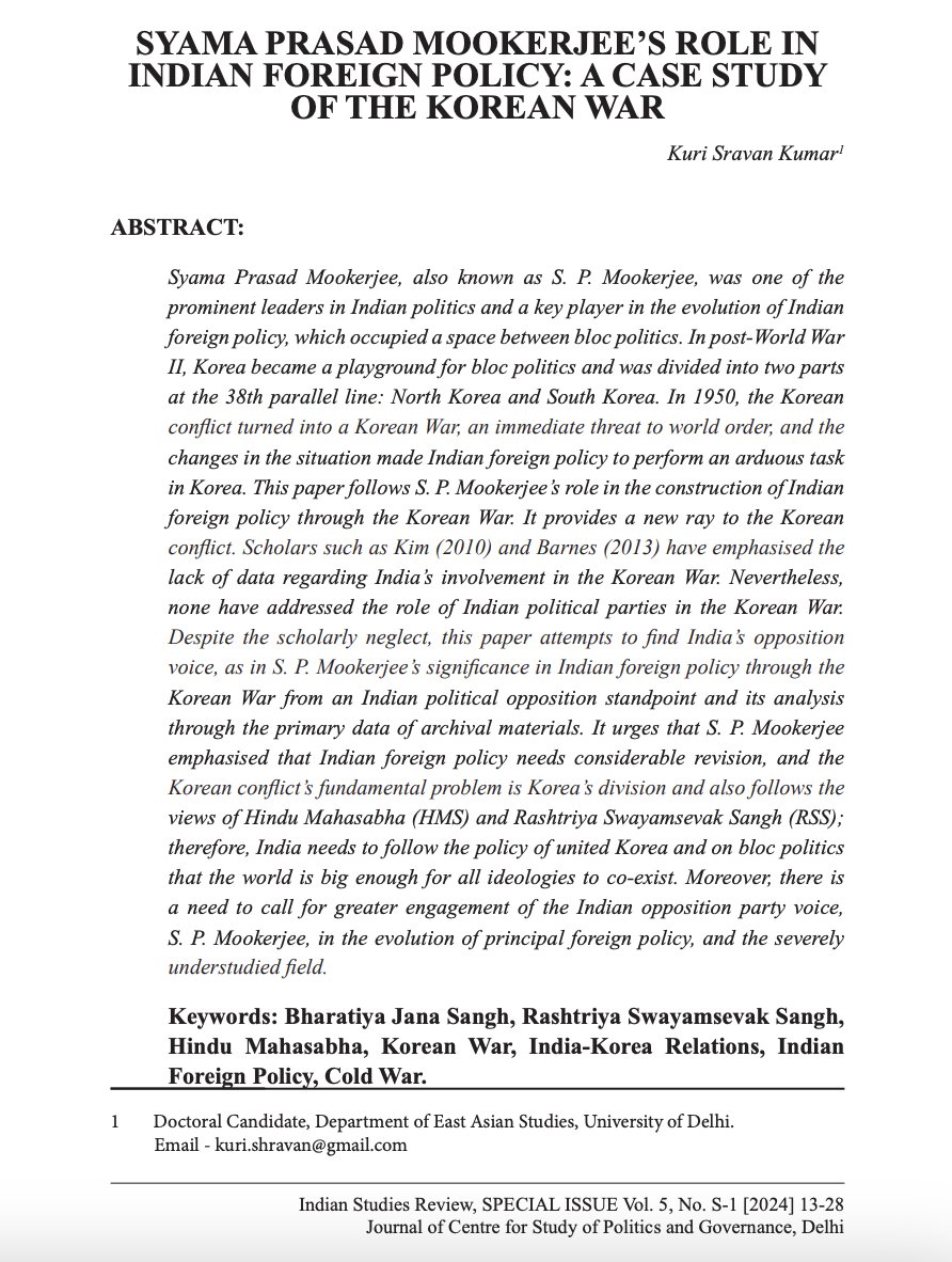 My article published- Syama Prasad Mookerjee’s Role in the Indian Foreign Policy: A Case Study in the Korean War. Please add to your reading list <a href="/DrSJaishankar/">Dr. S. Jaishankar</a> <a href="/BJP4India/">BJP</a> <a href="/RokEmbIndia/">Korean Embassy India</a> <a href="/spmrfoundation/">SPMRF</a>
cspgindia.com/_files/ugd/b59…