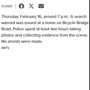 MattBlacInc's tweet image. Thursday, February 1⃣6⃣th 2017, approx  7⃣pm ET. 

#RichardAllen #DelphiArchives #DelphiMurders

A search warrant was issued at a home 11036 #BicycleBridgeRoad. Police spent at least 2⃣ hours taking photos and collecting evidence from the scene.

 No arrests were made.
