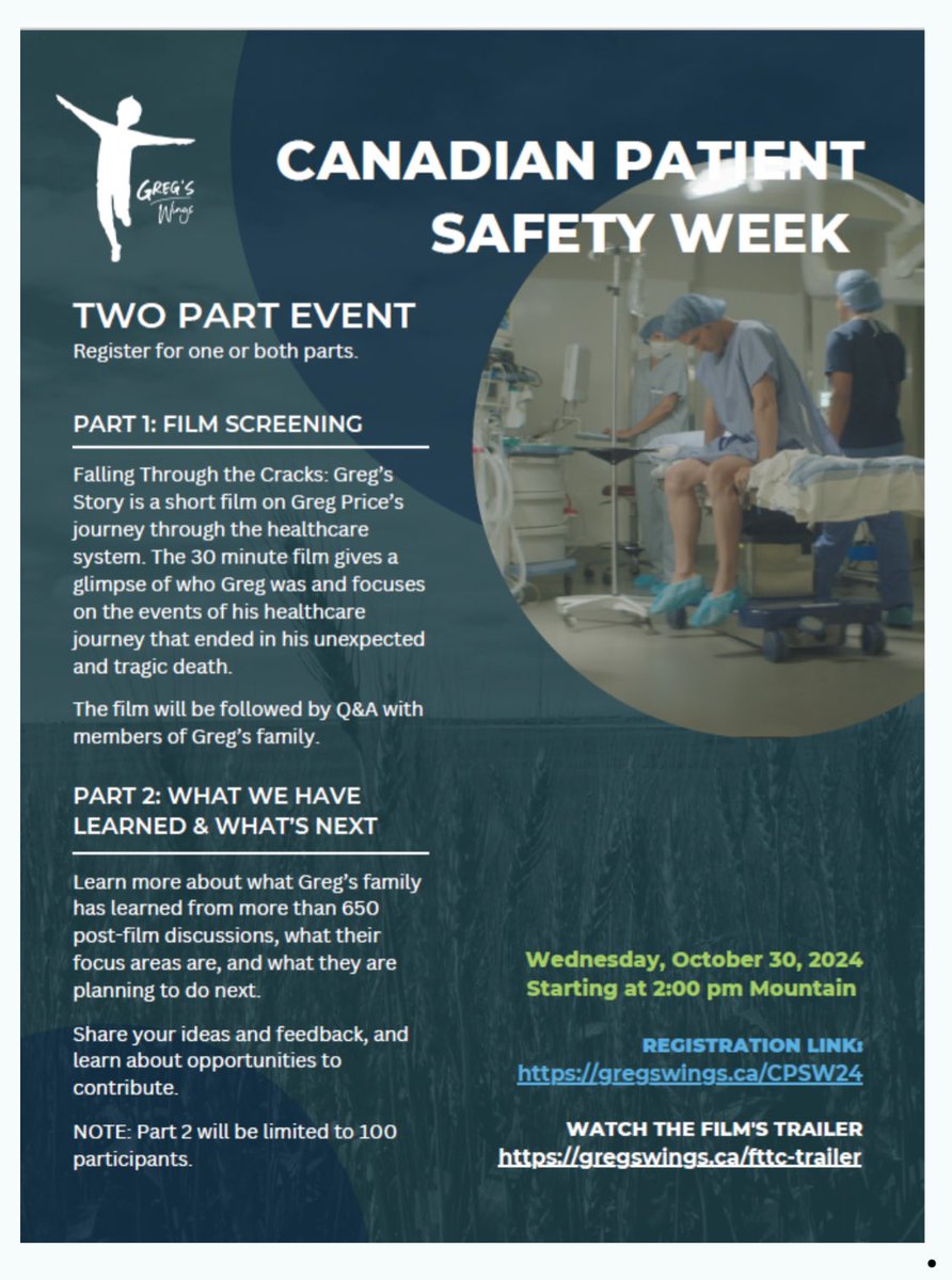 For Canadian Patient Safety Week <a href="/WCCHSEducators/">WCCHSE</a> &amp; <a href="/gregswings/">Greg's Wings</a> are offering a free virtual screening &amp; discussion of “Falling Through the Cracks:Greg’s Story” on Oct. 30 at 2 PM MT. To register ➡️gregswings.ca/CPSW24

View the trailer 🎥 ➡️gregswings.ca/fttc-trailer/
 
#CPSW2024