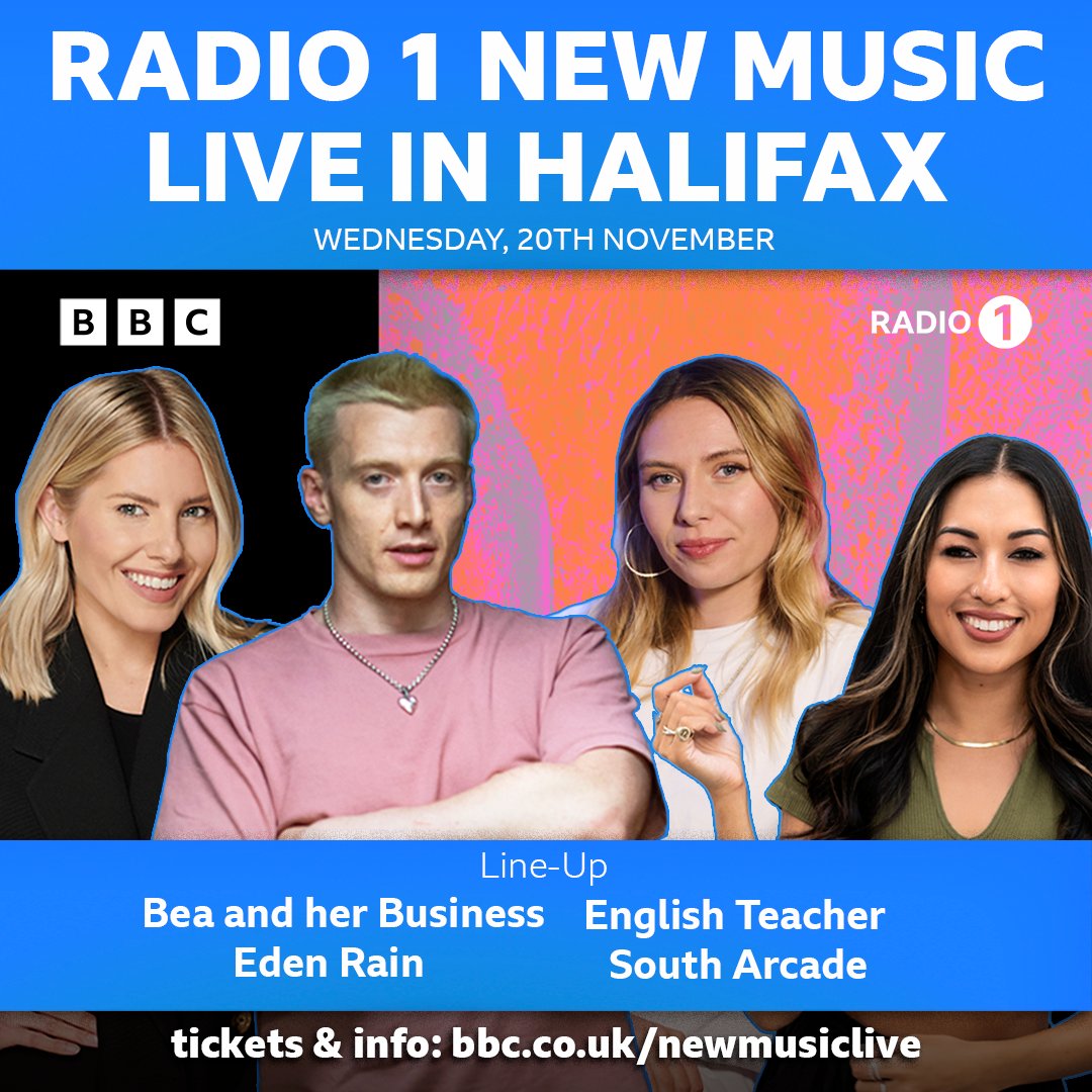 BBC Radio 1, 1Xtra & Asian Network Press Office (@bbcradio1pr) on Twitter photo 📢Radio 1 is coming to Halifax!
Radio 1’s New Music Live will bring together four incredible acts for an unforgettable night of live music in Halifax on Wednesday 20 November 🫶🎶
Acts include:
✨<a href="/Englishteac_her/">English Teacher</a>
✨<a href="/biznessofbea/">Bea and her Business</a>
✨<a href="/southarcadeuk/">SOUTH ARCADE</a>
✨Eden Rain 📢Radio 1 is coming to Halifax!
Radio 1’s New Music Live will bring together four incredible acts for an unforgettable night of live music in Halifax on Wednesday 20 November 🫶🎶
Acts include:
✨<a href="/Englishteac_her/">English Teacher</a>
✨<a href="/biznessofbea/">Bea and her Business</a>
✨<a href="/southarcadeuk/">SOUTH ARCADE</a>
✨Eden Rain