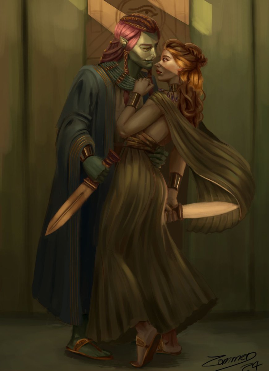 Did you know I got art of Taisiya and Mereruka from Conspirators’ Kingdom???👀👀👀👀 Behold my villainous power couple, rendered in all their stabby glory by the immensely talented <a href="/Margossecula/">M.Argos (Commissions Open)</a>