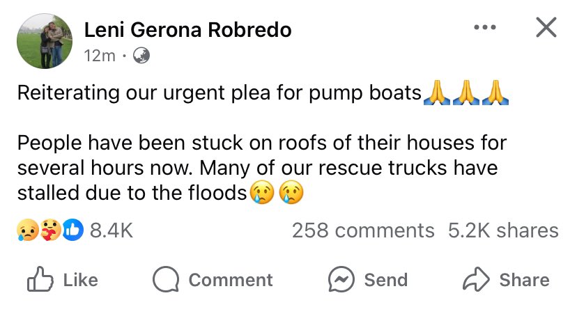 camiwest__'s tweet image. URGENT PLEA FOR PUMP BOATS IN NAGA 🙏🏼🙏🏼🙏🏼‼️‼️‼️

People have been stuck on roofs of their houses for several hours now. Many of our rescue trucks have stalled due to the floods😢😢

 #KristinePH