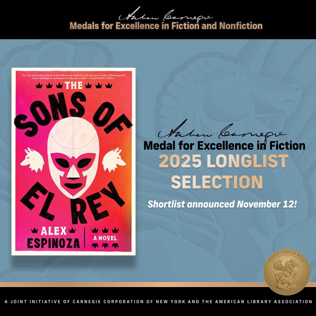 Simon & Schuster (@simonbooks) on Twitter photo THE SONS OF EL REY by <a href="/alex_esp/">Alex Espinoza</a> is longlisted for <a href="/ALALibrary/">American Library Association</a>'s 2025 Andrew Carnegie Medal for Excellence in Fiction! 🎉
ala.org/carnegie-medal… THE SONS OF EL REY by <a href="/alex_esp/">Alex Espinoza</a> is longlisted for <a href="/ALALibrary/">American Library Association</a>'s 2025 Andrew Carnegie Medal for Excellence in Fiction! 🎉
ala.org/carnegie-medal…