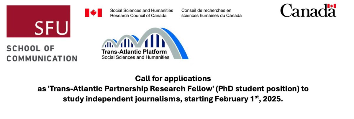 SFU School of Communication (@sfucmns) on Twitter photo We're inviting applications for a three-year extended research fellowship as part of the Transatlantic Partnership Project to study independent journalism, led by Communication professor <a href="/sarahsoutlook/">Dr. Sarah Anne Ganter</a>.
Find out more about the project and how to apply: sfu.ca/communication/… We're inviting applications for a three-year extended research fellowship as part of the Transatlantic Partnership Project to study independent journalism, led by Communication professor <a href="/sarahsoutlook/">Dr. Sarah Anne Ganter</a>.
Find out more about the project and how to apply: sfu.ca/communication/…