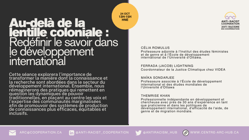 Ne manquez pas ''Au-delà de la lentille coloniale'' le 24 octobre, qui réunira des expert-e-s du secteur pour une discussion enrichissante sur la décolonisation de la recherche! Voici la liste d'intervenant-e-s tant attendue!  

Inscrivez-vous maintenant: centre-arc-hub.ca/fr/event/au-de…