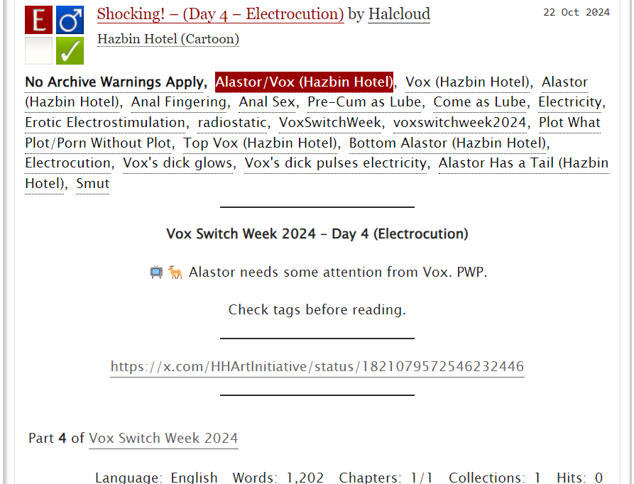 Pacific_Hal's tweet photo. 🔞 📺🦌 RadioStatic - Vox Switch Week - Day 4 -- TopVox. Explicit smut. PWP. Erotic Electrostimulation. Check tags before reading. 🔥✨🆕 Kudos are appreciated!

https://t.co/fnqogOWQqy

#VoxSwitchWeek #VoxSwitchWeek2024 #RadioStatic  #HazbinHotelVox #HazbinHotelAlastor https://t.co/VuhLf7bLja