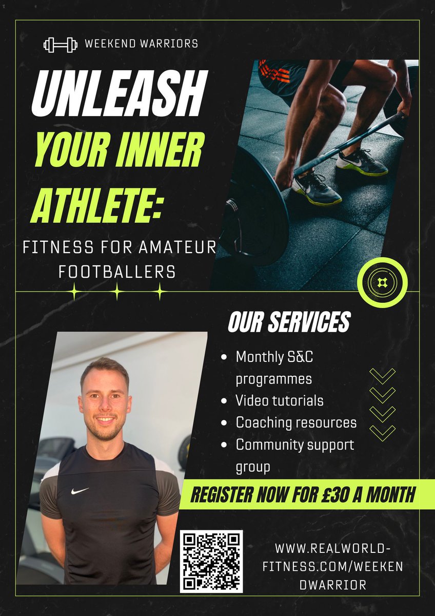 🏋️ 𝗪𝗘𝗘𝗞𝗘𝗡𝗗 𝗪𝗔𝗥𝗥𝗜𝗢𝗥𝗦 🏋️

We're delighted to be supporting our own <a href="/woollard_craig/">Craig Woollard</a>, who has been developing a strength &amp; conditioning programme specifically for amateur footballers.

Scan the QR code for more information! 💪

#SarrattFC 🟨⬛