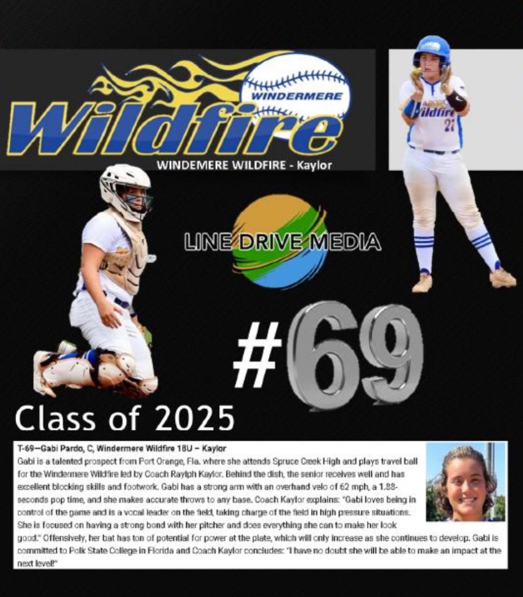 Wildfire18u's tweet image. Congratulations to Polk State Commit @gabipardo27 on her recognition by Line Drive Softball and being among The 2025 Line Drive HOT 100 Player Rankings 👀👀🔥🔥 #IfNotUsThenWHO  #CatchingWildfire @LineDsoftball