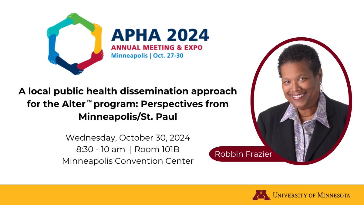 Center for Healthy Aging and Innovation (@umnchai) on Twitter photo Heading to #APHA2024? Don’t miss <a href="/Frazier4Equity/">Robbin H. Frazier</a> sharing a new toolkit to help public health agencies partner with faith-based organizations in creating dementia-friendly spaces. This is based on the learnings from disseminating <a href="/AlterDementia/">Alter: Inspiring & Equipping Faith Communities</a> in the Twin Cities! Heading to #APHA2024? Don’t miss <a href="/Frazier4Equity/">Robbin H. Frazier</a> sharing a new toolkit to help public health agencies partner with faith-based organizations in creating dementia-friendly spaces. This is based on the learnings from disseminating <a href="/AlterDementia/">Alter: Inspiring & Equipping Faith Communities</a> in the Twin Cities!