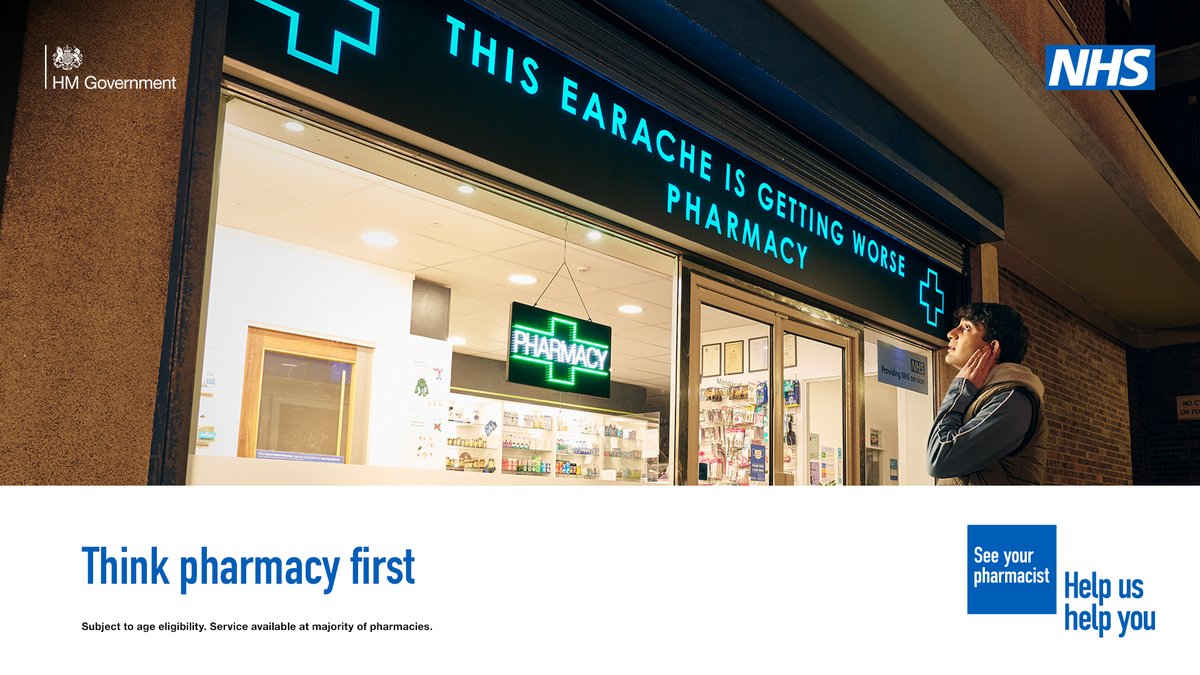 Earache? If needed, your pharmacist can now provide treatment and some prescription medicine without seeing a GP. 

Think pharmacy first.

Find out more: nhs.uk/thinkpharmacyf…