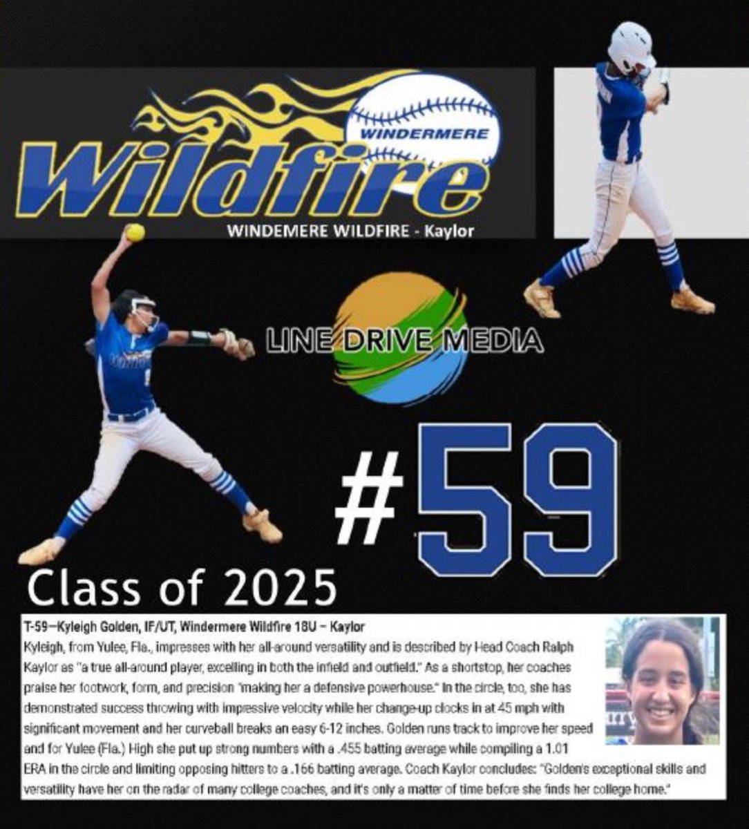 Wildfire18u's tweet image. Congratulations to Uncommitted @kyleighgolden9 on her recognition by Line Drive Softball and being among The 2025 Line Drive HOT 100 Player Rankings 👀👀🔥🔥 #IfNotUsThenWHO  #CatchingWildfire @SBRRetweets @LineDsoftball @CoastRecruits