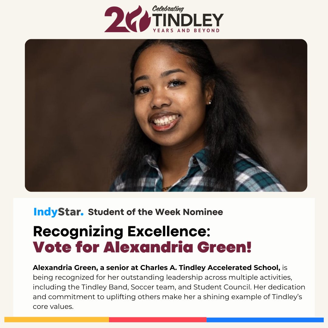 TindleyCATAS's tweet image. 🎉 Vote for Alexandria Green as Student of the Week! 🎉

We’re proud of Alexandria Green, a senior at Charles A. Tindley Accelerated School, has been nominated for IndyStar Student of the Week! 

Vote for her here:
🔗 bit.ly/vote-for-Alexa…

#StudentOfTheWeek #IndyStar