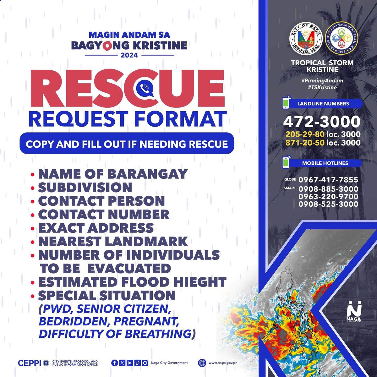 Babies, kung may gising pa sa inyo - please rt lahat ng tweet na humihingi ng tulong at rescues. 
At para sa mga kababayan po natin sa Bicol na in need of rescue, ito po ang rescue request format. 
Praying hard tonight for the people of Bicol. 😭💔🙏🏼 #KristinePH