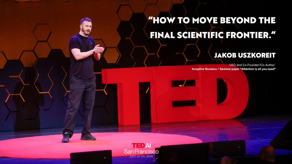 Jakob Uszkoreit, CEO and Co-Founder of Inceptive Nucleics on stage at #TEDAI 2024!

Live from Day 1, we’re witnessing AI’s future unfold in real time.

#TEDAI #TEDAI2024 #AI #TEDTALK #TedAI