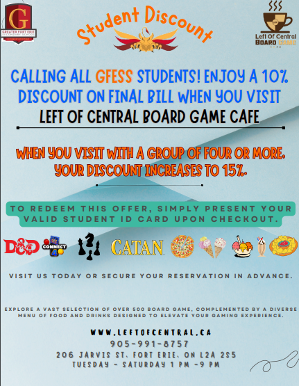 GFESSLC's tweet photo. Did you know? GFESS Students get a 10% off discount at the Left of Central Board Game Cafe in Fort Erie! 15% if you visit with a group of four or more! https://t.co/VQcu3VGoY5
