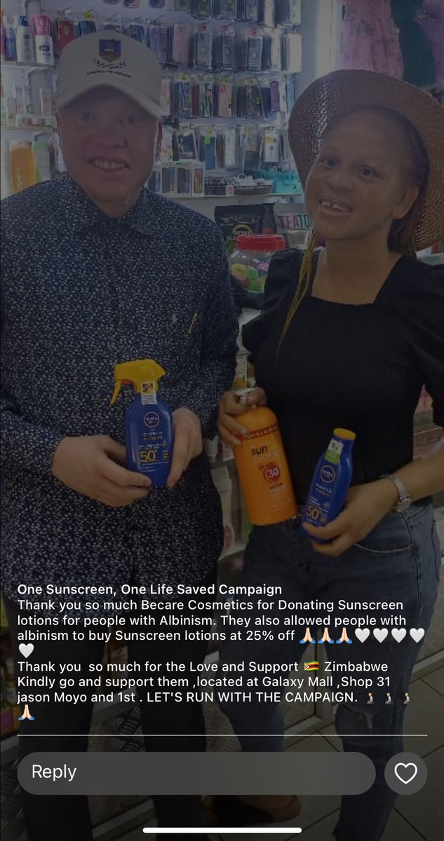 tattoedBhiza's tweet photo. One Sunscreen, One Life Saved Campaign .
BeCare was powered to do a donation 
Thank you so much to the anonymous  donor for donating Sunscreen Lotions to people with Albinism .At BeCare we are  allowing people with albinism to buy Sunscreen lotions from us at 25% off for the month of October and November. 🧎🏼🤍🤍🤍🙏🏻🙏🏻
Thank you so much for the Love and Support Zimbabwe 🇿🇼
Galaxy Mall,Stall  31  ground floor Jason Moyo and 1st
🤍🤍🤍 @KingLolos  thank you  for coming through with the beautiful young lady Brenda Mhlanga let's all come together and be the change we want to see in the world

You can app me on +27815549646 🥰