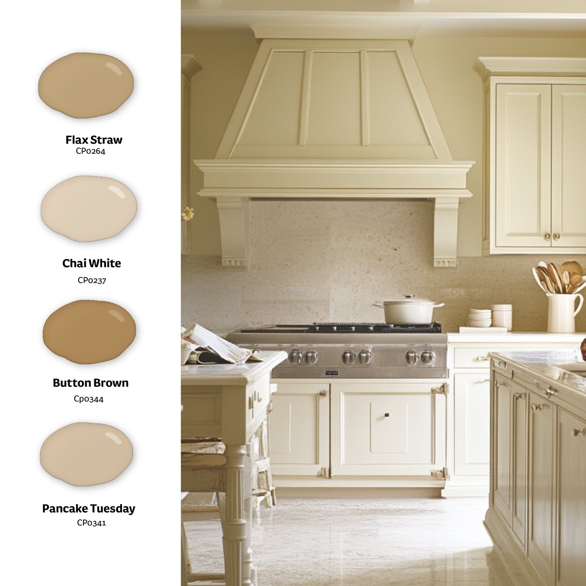 Our neutrals are famous for a reason. Pair your neutral kitchen with deep oak accents, gold or silver, and marble for a classic look that keeps up with any changing trends. 🎨 : Chai White. Palette: Graceful Neutrals #fleetwoodpaints #fleetwoodathome