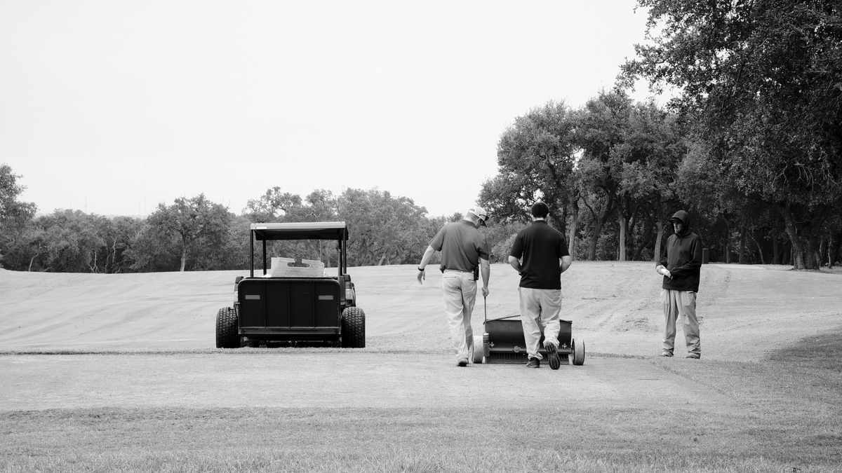 TPCSanAntonio's tweet photo. It’s all hands on deck this week for the TPC San Antonio Agronomy Team! The overseed process is officially underway on The Oaks course. Huge thanks to the team for their hard work and dedication. Excited to see the results! #GolfCourse #TeamWork #TPCSanAntonio https://t.co/58pCIVvp5V