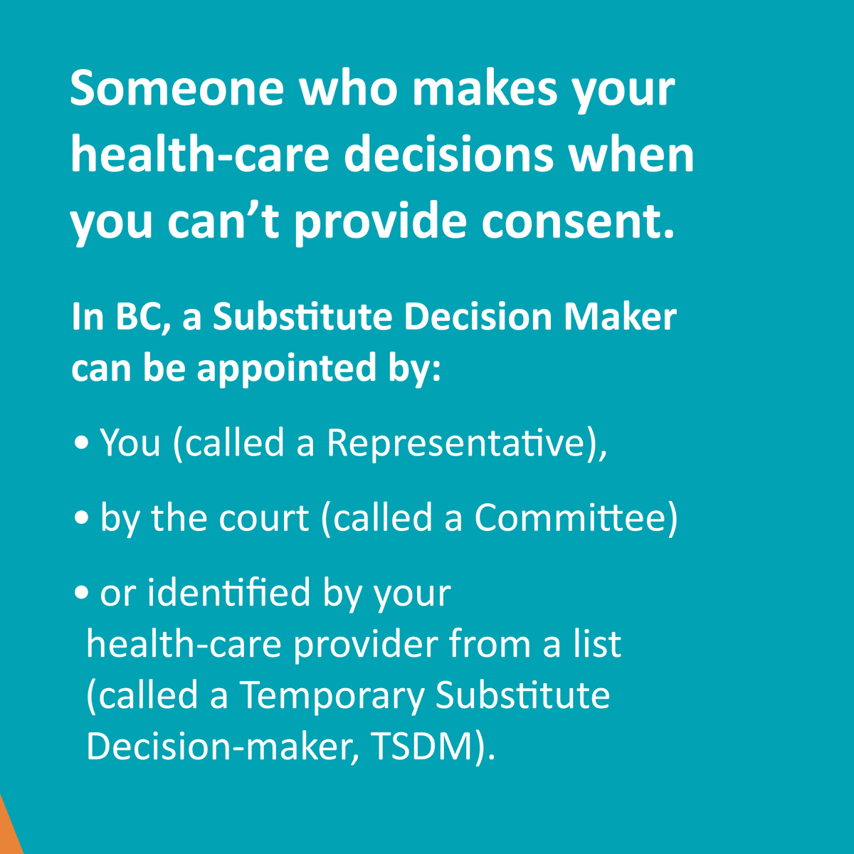 BCC4PC's tweet photo. A substitute decision maker is someone who makes your health-care decisions when you can’t provide consent.  

Choosing who would make these decisions for you is a key part of Advance Care Planning. 

Find out more about substitute decision makers: https://t.co/QsrpqZRnKZ https://t.co/pLShbsdpfl