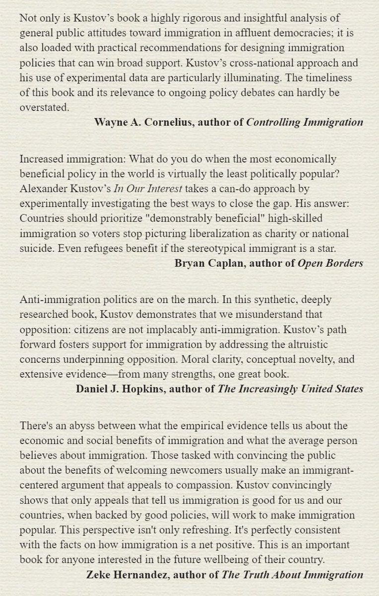 Alexander Kustov (@akoustov) on Twitter photo My book, In Our Interest: How Democracies Can Make Immigration Popular, now has a cover and publication date of March 25, 2025, with praise from W. Cornelius, <a href="/bryan_caplan/">Bryan Caplan</a>, <a href="/dhopkins1776/">Dan Hopkins</a>, and <a href="/profzeke/">Zeke Hernandez</a>.
It is time to make immigration popular. Let's go!
cup.columbia.edu/book/in-our-in… My book, In Our Interest: How Democracies Can Make Immigration Popular, now has a cover and publication date of March 25, 2025, with praise from W. Cornelius, <a href="/bryan_caplan/">Bryan Caplan</a>, <a href="/dhopkins1776/">Dan Hopkins</a>, and <a href="/profzeke/">Zeke Hernandez</a>.
It is time to make immigration popular. Let's go!
cup.columbia.edu/book/in-our-in…
