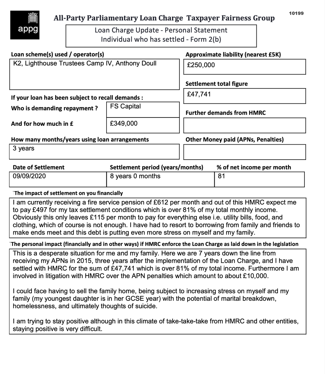 I get a fire service pension of £612 per month &amp; out of this HMRC expect me to pay £497 for my tax settlement conditions - over 81% of my total monthly income
This is a desperate situation for me and my family...
Thoughts of suicide

<a href="/LCAG_2019/">Loan Charge Action Group [LCAG]</a>
<a href="/loanchargeAPPG/">Loan Charge & Taxpayer Fairness APPG</a>
#LoanChargeScandal