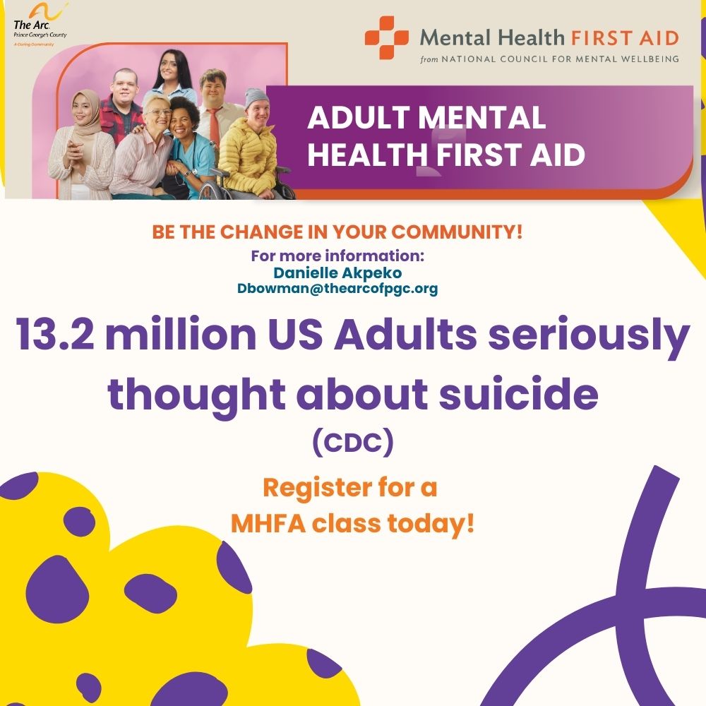 The Arc Prince George's County (@thearcofpgc) on Twitter photo Are you able to recognize if a friend or loved one is experiencing a mental health crisis? Join us for a free Mental Health First Aid class! To express your interest, email dbowman@thearcofpgc.org. Are you able to recognize if a friend or loved one is experiencing a mental health crisis? Join us for a free Mental Health First Aid class! To express your interest, email dbowman@thearcofpgc.org.