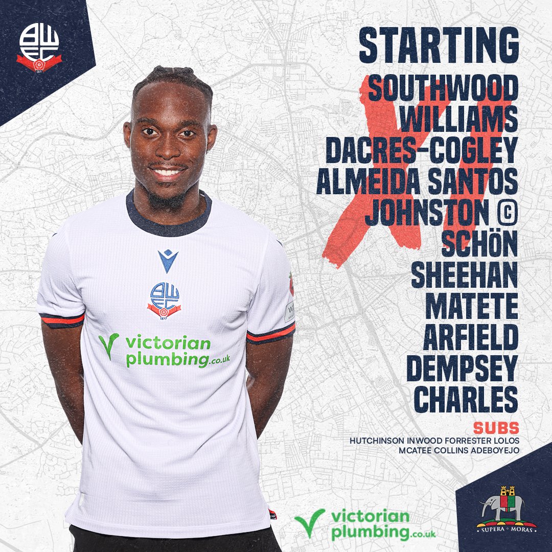 OfficialBWFC's tweet photo. 💪 Your Wanderers side to take on Birmingham this evening!

◽️ Two changes from Saturday.
◽️ Matete and Arfield in for Collins and McAtee.

COYWM! 👊

#bwfc https://t.co/yveiLimtZJ