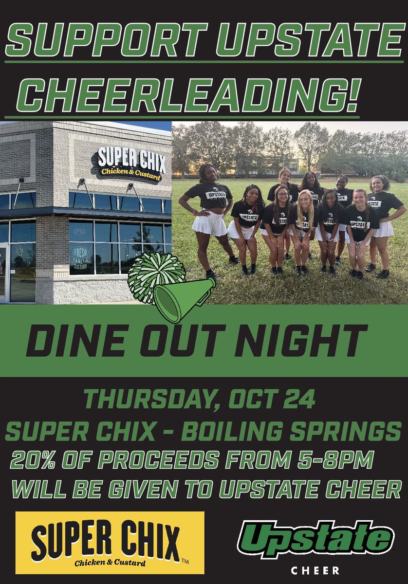 Support <a href="/UpstateSpartans/">USC Upstate Spartans</a> cheer this Thursday night at SuperChix in Boiling Springs! 👀⬇️
Be sure to tell em Upstate Cheer sent you!
#SpartanArmy ⚔️