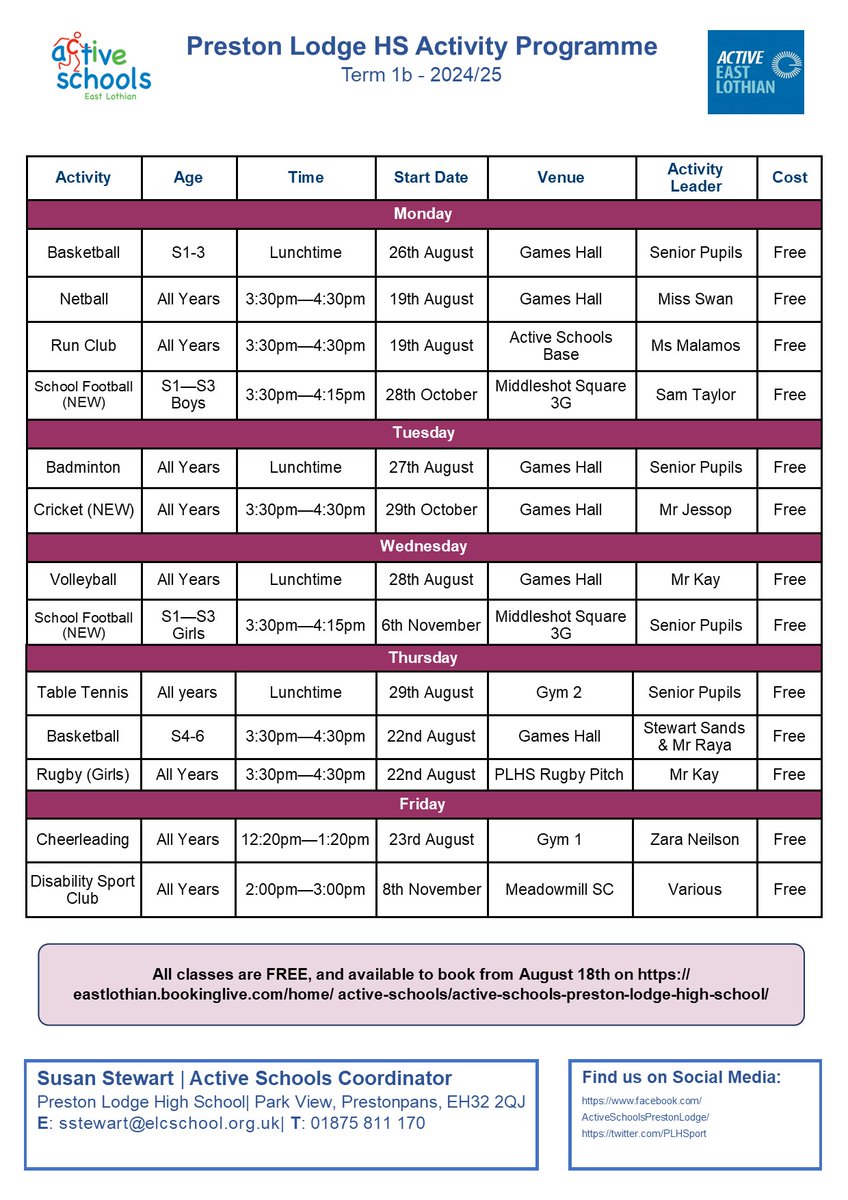 PLHSport's tweet image. New Activities Added for Term 1B beginning next week ! 😎
🏏Cricket Added Tuesdays 15:30-16:30pm
⚽️ Football Added Mondays &amp;amp; Wednesdays 15:30-16:15pm
👩‍🦽Disability Sport Added Fridays 14:00-15:00pm

Book via : eastlothian.bookinglive.com/.../active-sch…