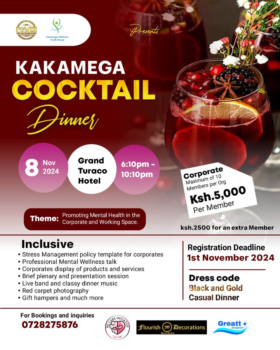 The increasing rate of work-related suicide is alarming, across all professions.
All organizations and HR departments are welcome to Kakamega Cocktail Dinner as we develop stress management policy templates for employees in the corporate and working space.

Tag along a colleague!