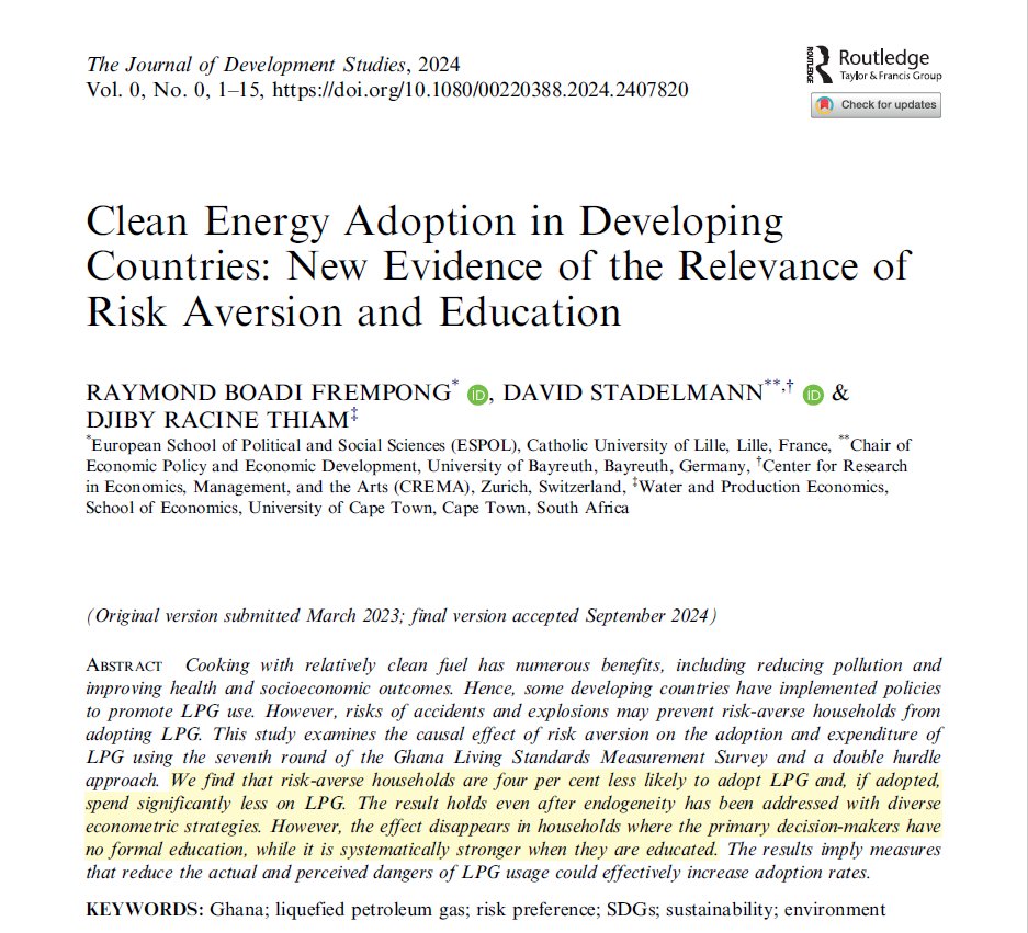 Journal of Development Studies (JDS) (@jdevstudies) on Twitter photo 🌍 How do risk and education shape clean energy adoption in 🇬🇭? New research shows risk-averse households are 4% less likely to adopt LPG due to concerns, but education is key 🎓
👉🏾Read more: doi.org/10.1080/002203…
<a href="/RBfrempong/">Raymond Frempong</a> <a href="/davidstadelmann/">David Stadelmann</a> 🌍 How do risk and education shape clean energy adoption in 🇬🇭? New research shows risk-averse households are 4% less likely to adopt LPG due to concerns, but education is key 🎓
👉🏾Read more: doi.org/10.1080/002203…
<a href="/RBfrempong/">Raymond Frempong</a> <a href="/davidstadelmann/">David Stadelmann</a>