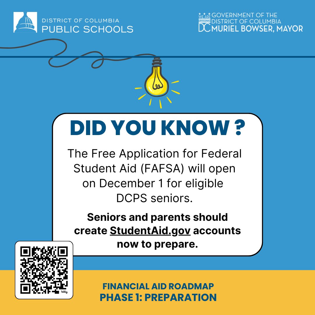 The Free Application for Federal Student Aid (FAFSA) is the key to money for college or trade school! All eligible DCPS seniors and their parents should create StudentAid.gov accounts now and complete the 2025-26 FAFSA when it opens on December 1. <a href="/dcpublicschools/">DC Public Schools</a>