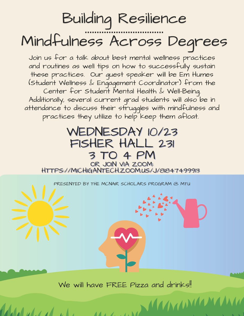 CDIatTech's tweet photo. The McNair Scholars program, in collaboration with the Center for Student Mental Health and Well-being and seasoned grad students, invites you to "Building Resilience: Mindfulness Across Degrees." Join us for engaging conversations and pizza tomorrow, 10/23, at Fischer 231. https://t.co/TRpl7NVhuW