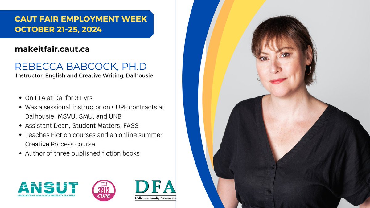 Dalhousie Faculty Association (@dalfacultyassoc) on Twitter photo October 21-25 is Fair Employment Week, celebrating and recognizing the many faculty at Canadian universities who make significant contributions yet don't have job security. <a href="/DalhousieU/">Dalhousie University</a> <a href="/CAUT_ACPPU/">CAUT/ACPPU</a> <a href="/ANSUT_Tweets/">ANSUT</a> @cupe3912 #MakeItFair October 21-25 is Fair Employment Week, celebrating and recognizing the many faculty at Canadian universities who make significant contributions yet don't have job security. <a href="/DalhousieU/">Dalhousie University</a> <a href="/CAUT_ACPPU/">CAUT/ACPPU</a> <a href="/ANSUT_Tweets/">ANSUT</a> @cupe3912 #MakeItFair