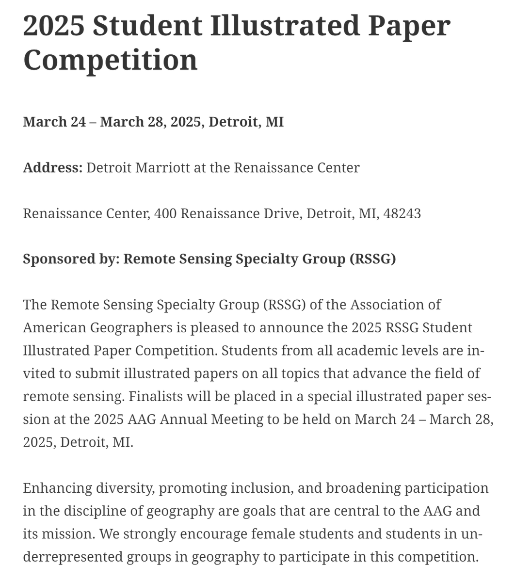 Call for Participation 📢RSSG is pleased to announce the 2025 RSSG Student Illustrated Paper (Poster) Competition! Showcase your research with captivating posters! #AAG2025 #RSSG 
See details aagrssg.org/2025-student-i…