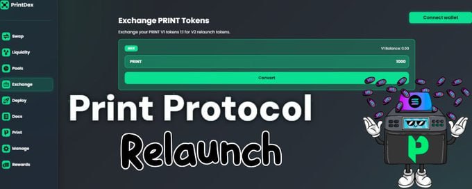 PrintProtocol's tweet photo. Print Protocol Token Relaunch Announcement: Conversion Now Live!

We’re thrilled to announce that the Print Protocol token relaunch is officially underway! Our new dApp is now live at https://t.co/f2Oew1InhX, allowing you to seamlessly convert your Print V1 tokens to Print V2 Relaunch Vouchers.

Important Details:

Conversion Period: You have until November 5th, 5 PM EST to swap your tokens.
No Transfer Tax: Enjoy a 0% tax on conversions—you will receive the full amount of your V1 tokens.
Airdrop: After the conversion period ends, all wallets that have converted will receive the official Print V2 tokens via airdrop during the relaunch.

This transition is a significant milestone in enhancing our ecosystem, driving greater adoption, and engaging our community. We’re committed to making this process smooth and efficient, and we appreciate your support as we move forward.

Thank you for being a vital part of our journey! If you have any questions, feel free to reach out.

Happy swapping!