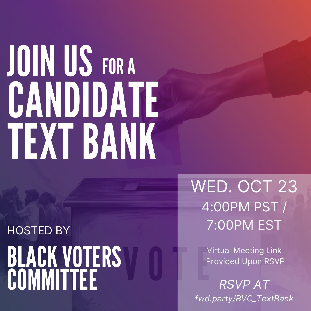 Join the <a href="/FWD_BVC/">Forward Black Voters Committee</a> to support some amazing candidates!  Tomorrow, they will be hosting a text bank to rally behind to outstanding Nevada leaders, <a href="/KamilahBywaters/">Kamilah Bywaters</a>  &amp; Jonathan Cooper! Don’t miss this chance to make a real impact—let’s mobilize and drive change together!