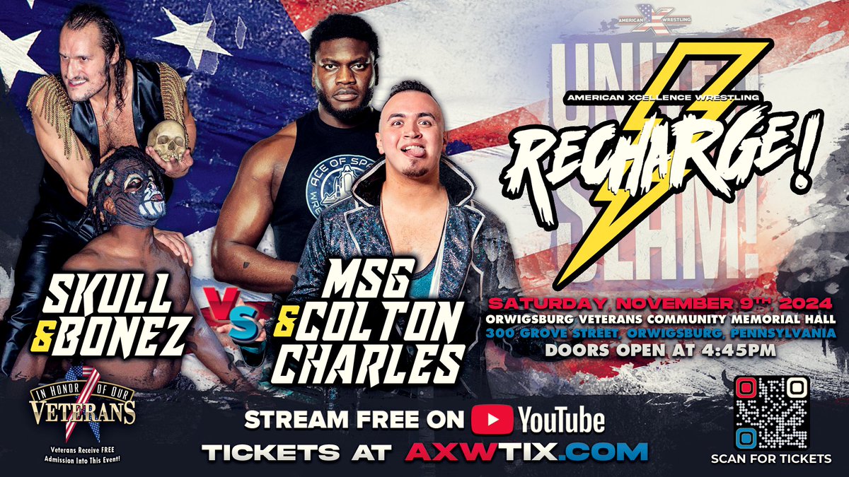 American Xcellence Wrestling | AXW (@official_axw) on Twitter photo ⚡ AXW RECHARGE! 11/09 ⚡
<a href="/Official_AXW/">American Xcellence Wrestling | AXW</a> Nation! GET READY!
We return on Saturday, November 9th, 2024, with AXW Presents UNITED WE SLAM! - our annual Veteran's Day Extravaganza! LIVE from the Orwigsburg Veterans Community Memorial Hall - 300 Grove Street - in beautiful ⚡ AXW RECHARGE! 11/09 ⚡
<a href="/Official_AXW/">American Xcellence Wrestling | AXW</a> Nation! GET READY!
We return on Saturday, November 9th, 2024, with AXW Presents UNITED WE SLAM! - our annual Veteran's Day Extravaganza! LIVE from the Orwigsburg Veterans Community Memorial Hall - 300 Grove Street - in beautiful